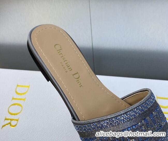 Stylish Dior Dway Flat Slide Sandals in Steel Grey Cotton Embroidered with Metallic Thread and Crystals 605066