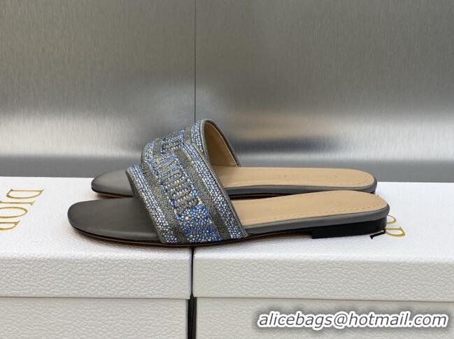 Stylish Dior Dway Flat Slide Sandals in Steel Grey Cotton Embroidered with Metallic Thread and Crystals 605066