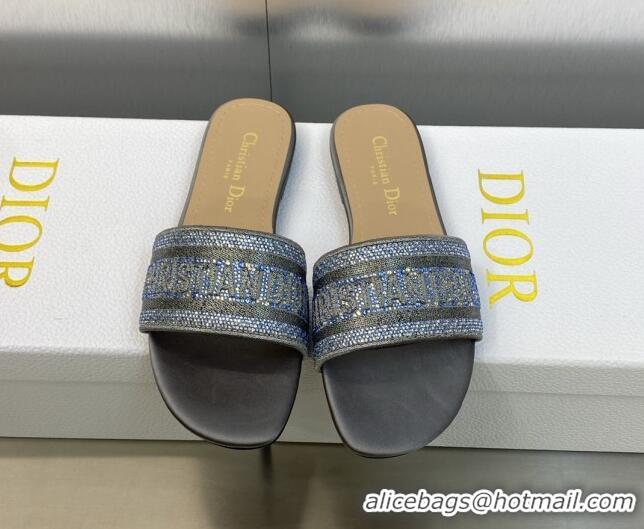 Stylish Dior Dway Flat Slide Sandals in Steel Grey Cotton Embroidered with Metallic Thread and Crystals 605066