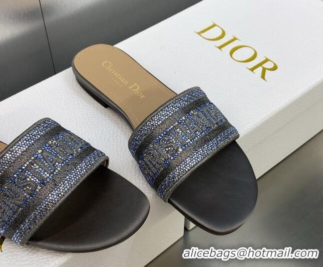 Stylish Dior Dway Flat Slide Sandals in Steel Grey Cotton Embroidered with Metallic Thread and Crystals 605066