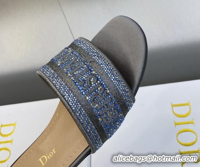 Stylish Dior Dway Flat Slide Sandals in Steel Grey Cotton Embroidered with Metallic Thread and Crystals 605066