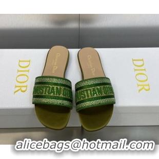 Grade Dior Dway Flat Slide Sandals in Dark Green Cotton Embroidered with Metallic Thread and Crystals 605068