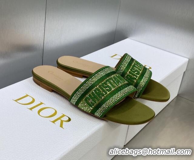 Grade Dior Dway Flat Slide Sandals in Dark Green Cotton Embroidered with Metallic Thread and Crystals 605068