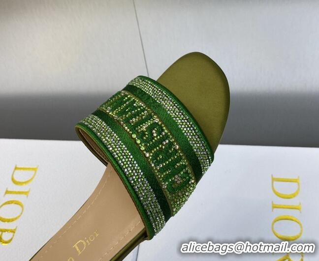 Grade Dior Dway Flat Slide Sandals in Dark Green Cotton Embroidered with Metallic Thread and Crystals 605068