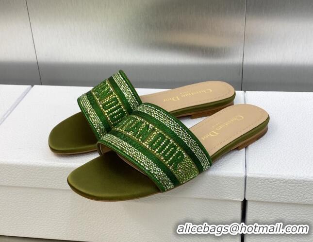 Grade Dior Dway Flat Slide Sandals in Dark Green Cotton Embroidered with Metallic Thread and Crystals 605068