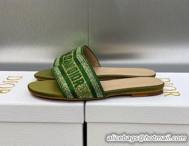 Grade Dior Dway Flat Slide Sandals in Dark Green Cotton Embroidered with Metallic Thread and Crystals 605068