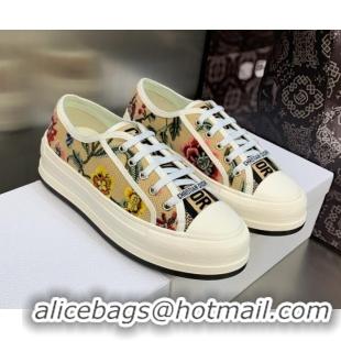 Sumptuous Dior Walk'n'Dior Platform Sneakers in Beige Multicolor Raffia Embroidered with Petites Fleurs Motif 605071