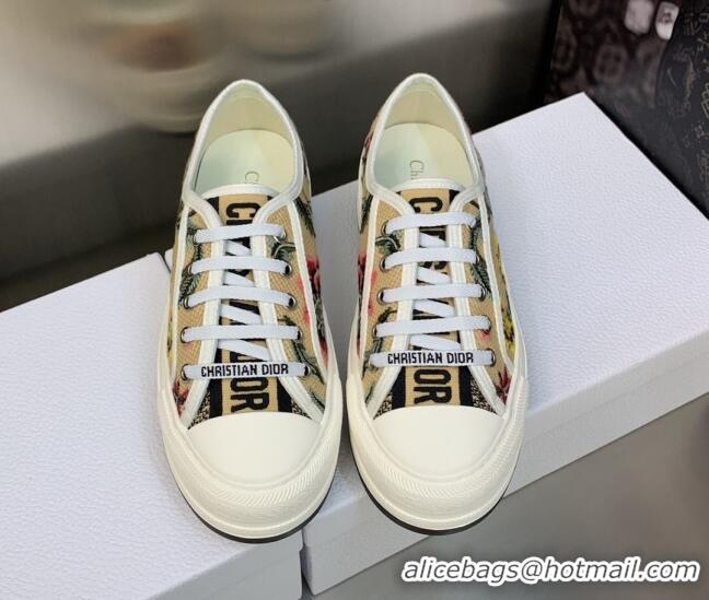 Sumptuous Dior Walk'n'Dior Platform Sneakers in Beige Multicolor Raffia Embroidered with Petites Fleurs Motif 605071