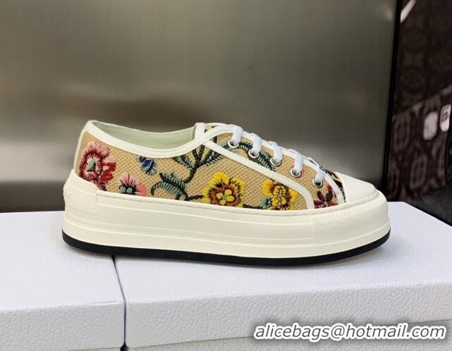 Sumptuous Dior Walk'n'Dior Platform Sneakers in Beige Multicolor Raffia Embroidered with Petites Fleurs Motif 605071