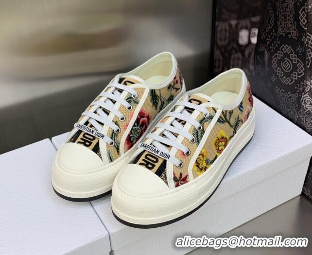 Sumptuous Dior Walk'n'Dior Platform Sneakers in Beige Multicolor Raffia Embroidered with Petites Fleurs Motif 605071