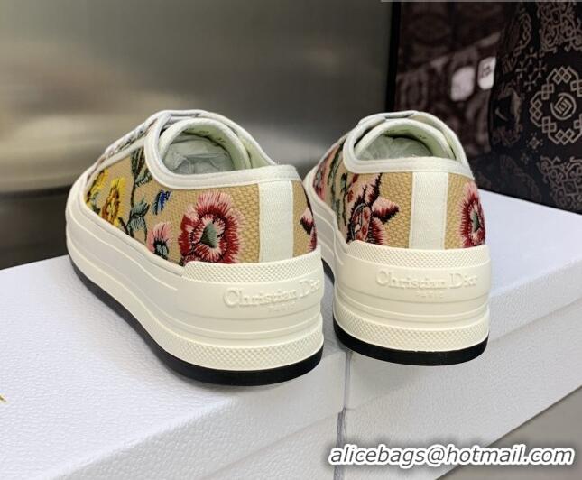 Sumptuous Dior Walk'n'Dior Platform Sneakers in Beige Multicolor Raffia Embroidered with Petites Fleurs Motif 605071