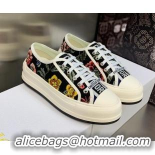 Stylish Dior Walk'n'Dior Platform Sneakers in Black Multicolor Cotton Embroidered with Petites Fleurs Motif 605072