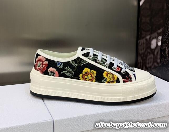 Stylish Dior Walk'n'Dior Platform Sneakers in Black Multicolor Cotton Embroidered with Petites Fleurs Motif 605072