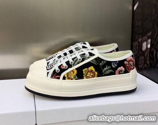 Stylish Dior Walk'n'Dior Platform Sneakers in Black Multicolor Cotton Embroidered with Petites Fleurs Motif 605072