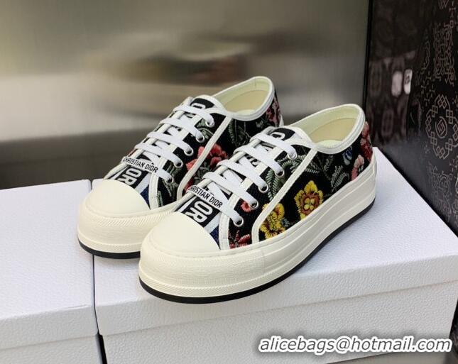 Stylish Dior Walk'n'Dior Platform Sneakers in Black Multicolor Cotton Embroidered with Petites Fleurs Motif 605072