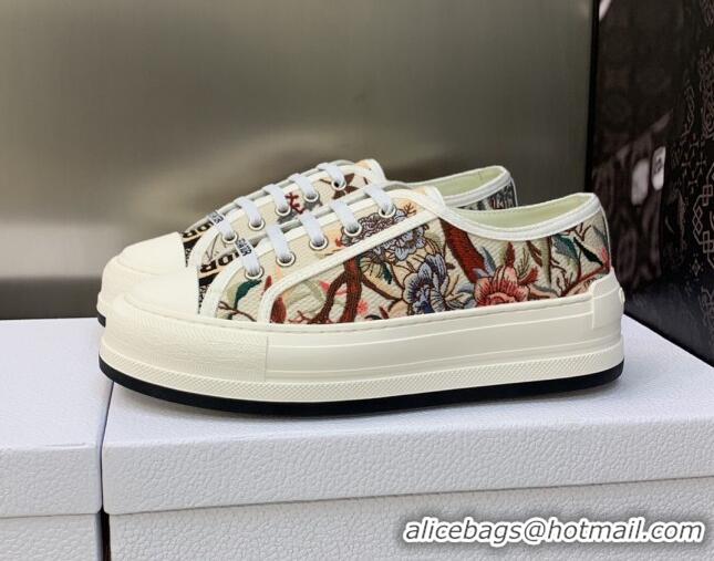 Luxury Dior Walk'n'Dior Platform Sneakers in White Multicolor Cotton Embroidered with Petites Fleurs Motif 605073