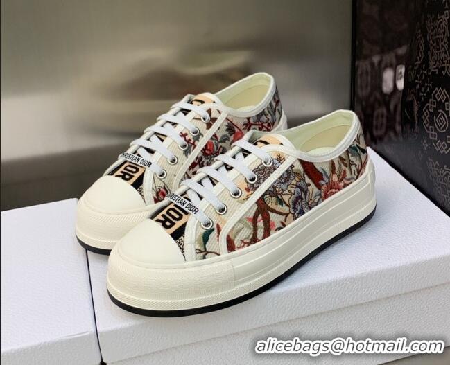 Luxury Dior Walk'n'Dior Platform Sneakers in White Multicolor Cotton Embroidered with Petites Fleurs Motif 605073