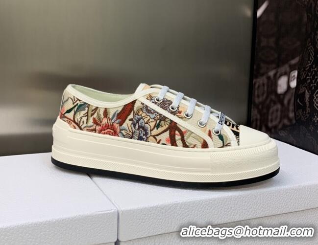 Luxury Dior Walk'n'Dior Platform Sneakers in White Multicolor Cotton Embroidered with Petites Fleurs Motif 605073