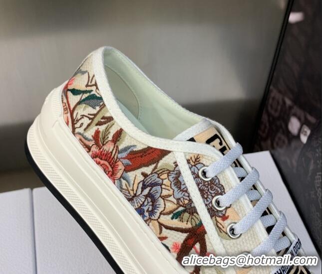 Luxury Dior Walk'n'Dior Platform Sneakers in White Multicolor Cotton Embroidered with Petites Fleurs Motif 605073