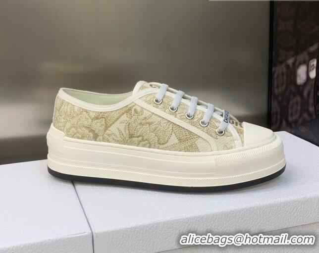 Sophisticated Dior Walk'n'Dior Platform Sneakers in White and Gold-Tone Cotton Embroidered with Jardin d'Hiver Motif in 