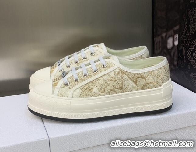 Sophisticated Dior Walk'n'Dior Platform Sneakers in White and Gold-Tone Cotton Embroidered with Jardin d'Hiver Motif in 