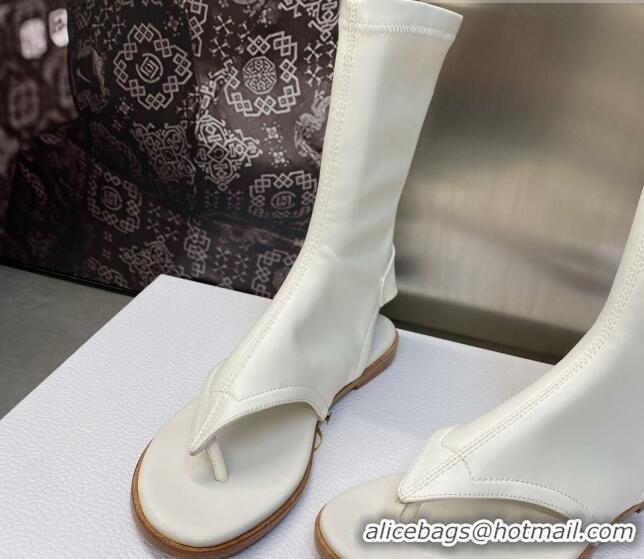 Pretty Style Dior Spirit Open Toe Flat Thong Boots in White Stretch Leather 605079