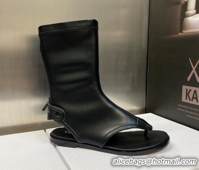 Fashion Dior Spirit Open Toe Flat Thong Boots in Black Stretch Leather 605080