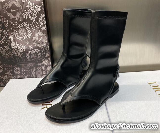 Fashion Dior Spirit Open Toe Flat Thong Boots in Black Stretch Leather 605080