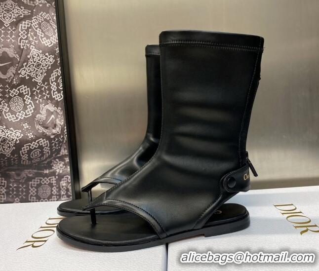 Fashion Dior Spirit Open Toe Flat Thong Boots in Black Stretch Leather 605080