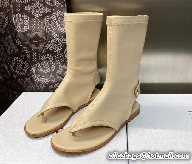 Unique Style Dior Spirit Open Toe Flat Thong Boots in Beige Stretch Leather 605081