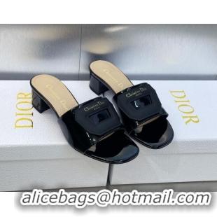 Best Price Dior Day Heel Slide Sandals 4.5cm in Black Patent Calfskin 605082