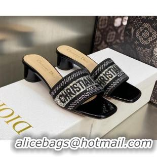 Low Price Dior Dway Heeled Slide Sandals 3.5cm in Black Cotton Embroidered with Silver-Tone Crystal 606007