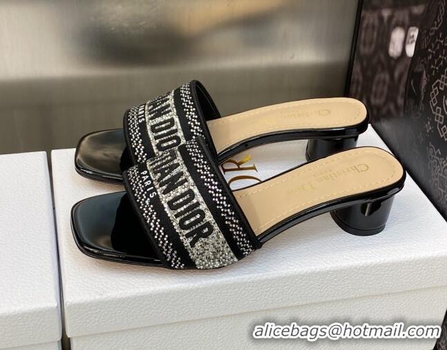 Low Price Dior Dway Heeled Slide Sandals 3.5cm in Black Cotton Embroidered with Silver-Tone Crystal 606007