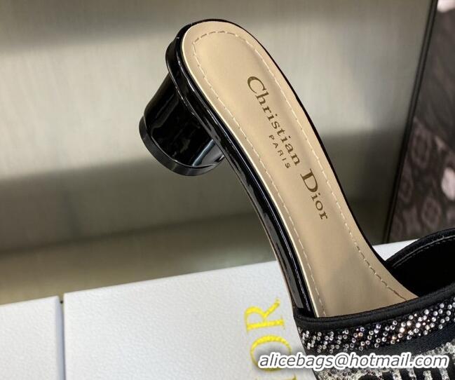 Low Price Dior Dway Heeled Slide Sandals 3.5cm in Black Cotton Embroidered with Silver-Tone Crystal 606007