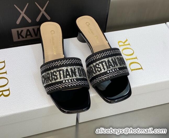 Low Price Dior Dway Heeled Slide Sandals 3.5cm in Black Cotton Embroidered with Silver-Tone Crystal 606007