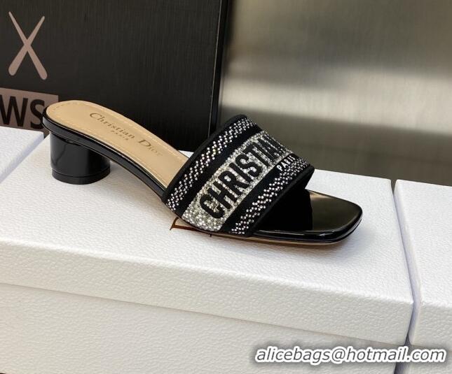 Low Price Dior Dway Heeled Slide Sandals 3.5cm in Black Cotton Embroidered with Silver-Tone Crystal 606007