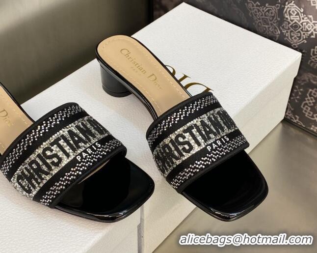 Low Price Dior Dway Heeled Slide Sandals 3.5cm in Black Cotton Embroidered with Silver-Tone Crystal 606007