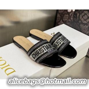 Hot Style Dior Dway Flat Slide Sandals in Black Cotton Embroidered with Silver-Tone Crystal 606008