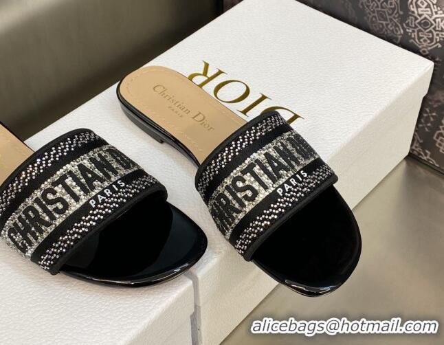 Hot Style Dior Dway Flat Slide Sandals in Black Cotton Embroidered with Silver-Tone Crystal 606008