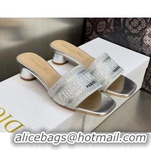 Charming Dior Dway Heeled Slide Sandals 3.5cm in Silver-tone Cotton Embroidered with Metallic Thread and Crystal 606009