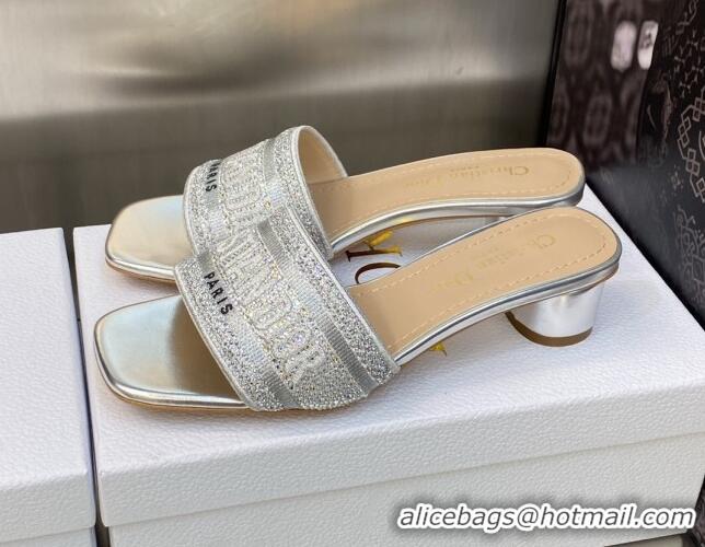 Charming Dior Dway Heeled Slide Sandals 3.5cm in Silver-tone Cotton Embroidered with Metallic Thread and Crystal 606009