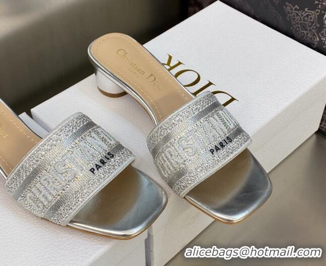 Charming Dior Dway Heeled Slide Sandals 3.5cm in Silver-tone Cotton Embroidered with Metallic Thread and Crystal 606009