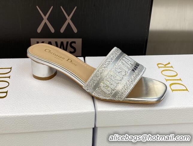 Charming Dior Dway Heeled Slide Sandals 3.5cm in Silver-tone Cotton Embroidered with Metallic Thread and Crystal 606009