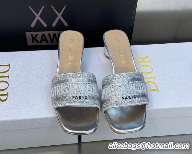 Charming Dior Dway Heeled Slide Sandals 3.5cm in Silver-tone Cotton Embroidered with Metallic Thread and Crystal 606009