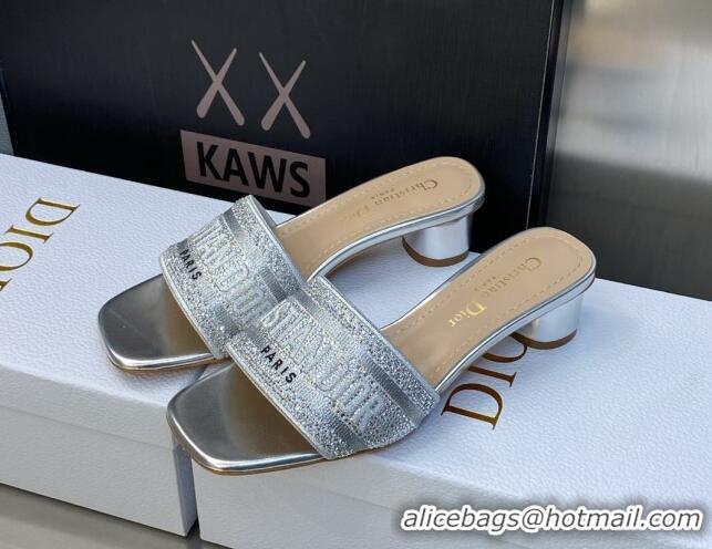 Charming Dior Dway Heeled Slide Sandals 3.5cm in Silver-tone Cotton Embroidered with Metallic Thread and Crystal 606009