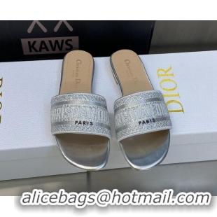 Durable Dior Dway Flat Sandals in Silver Cotton Embroidered with Metallic Thread and Crystal 606010