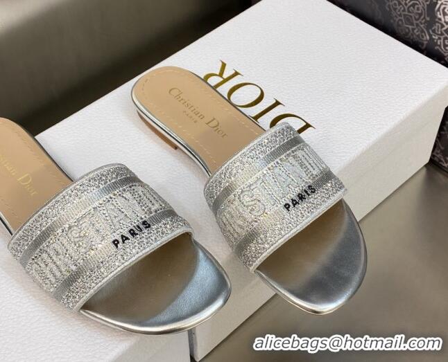 Durable Dior Dway Flat Sandals in Silver Cotton Embroidered with Metallic Thread and Crystal 606010