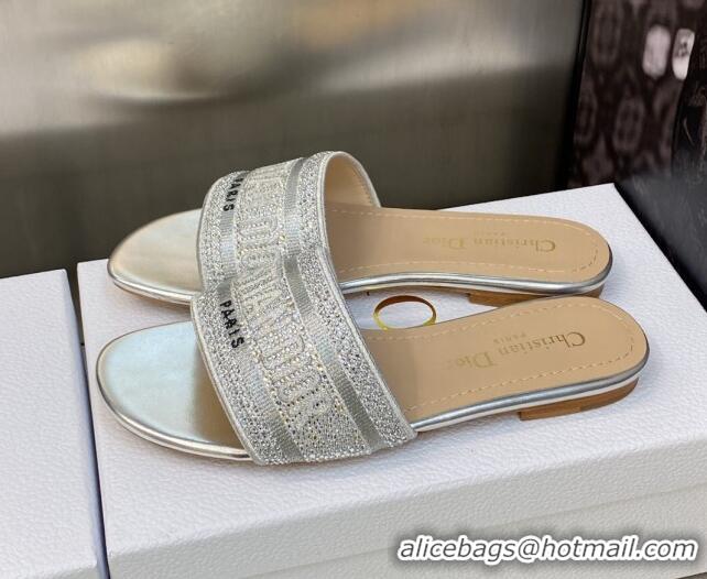 Durable Dior Dway Flat Sandals in Silver Cotton Embroidered with Metallic Thread and Crystal 606010