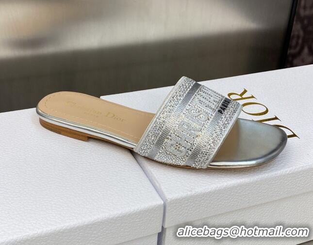 Durable Dior Dway Flat Sandals in Silver Cotton Embroidered with Metallic Thread and Crystal 606010