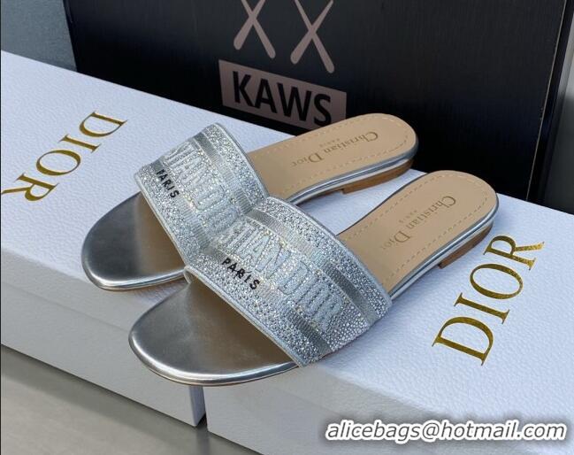 Durable Dior Dway Flat Sandals in Silver Cotton Embroidered with Metallic Thread and Crystal 606010